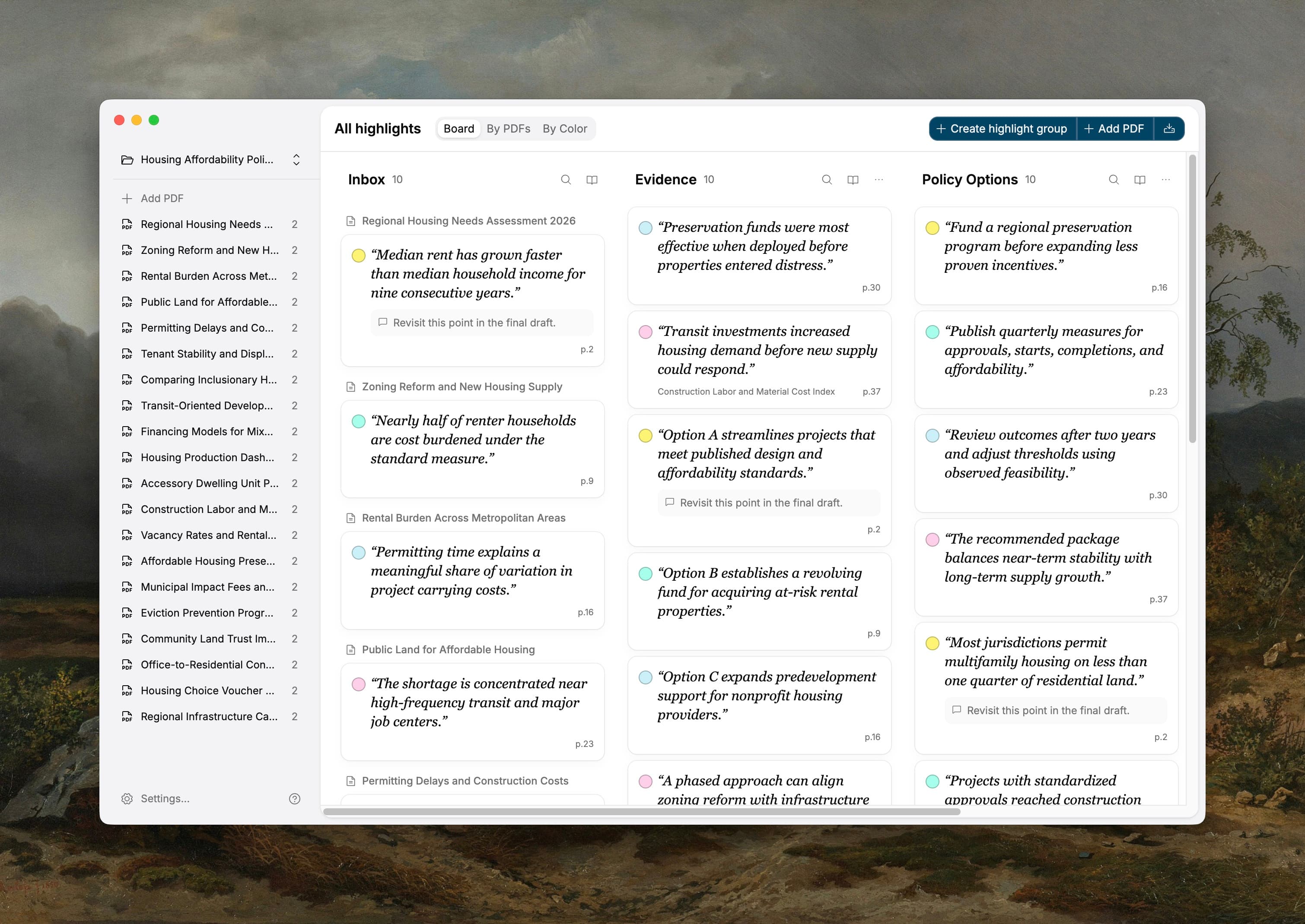PDF Highlights App showing highlights organized into board columns